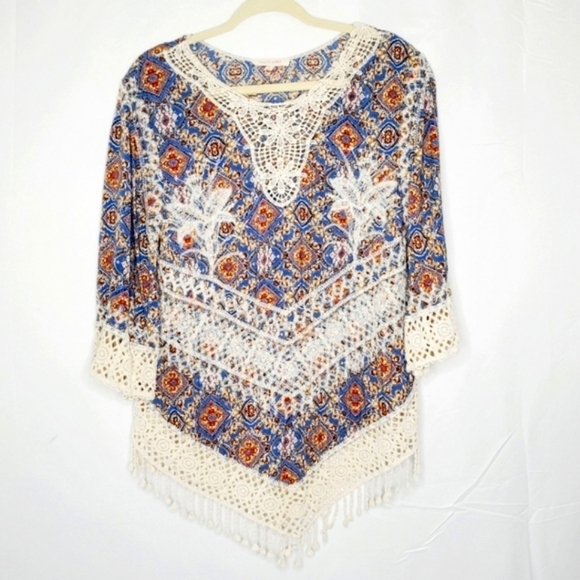Crochet Lace Floral Top Size L Flare Sleeve Fringe Trim Boho Festival Tunic - Picture 9 of 10